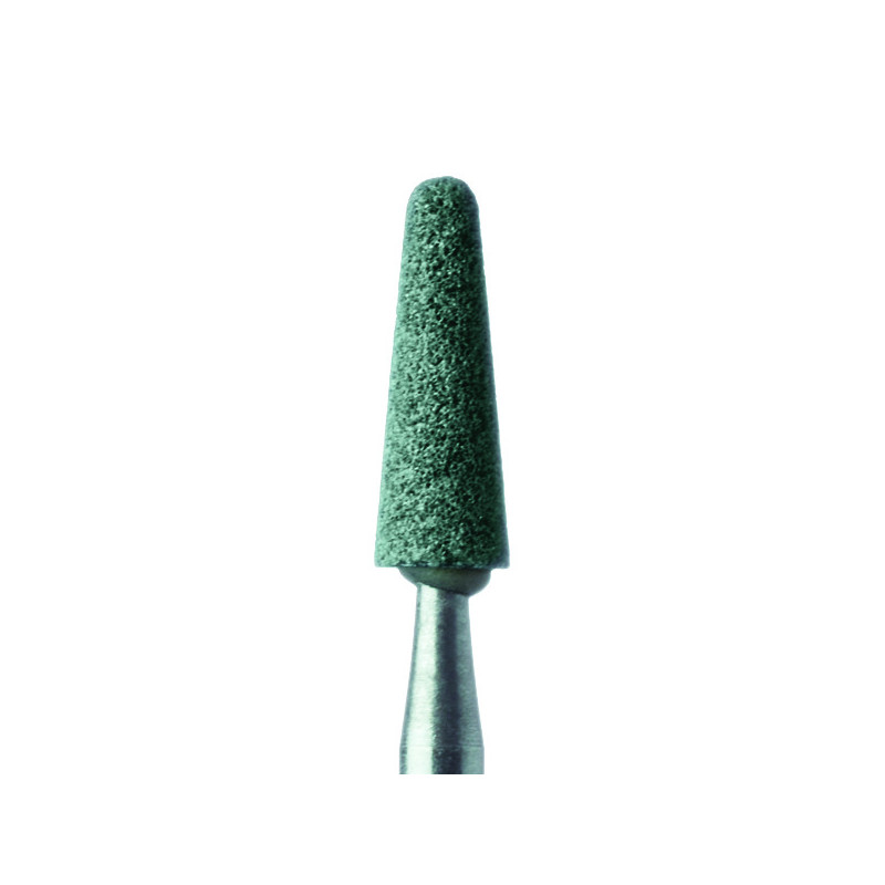 KAMIEŃ KARBORUNDOWY ŚCIĘTY STOŻEK, DO SZKLIWA, PORCELANY I METALI SZLACHETNYCH, ZIELONY, DŁ. 10,5 MM, NA PROSTNICĘ, ŚR. 3,5 MM